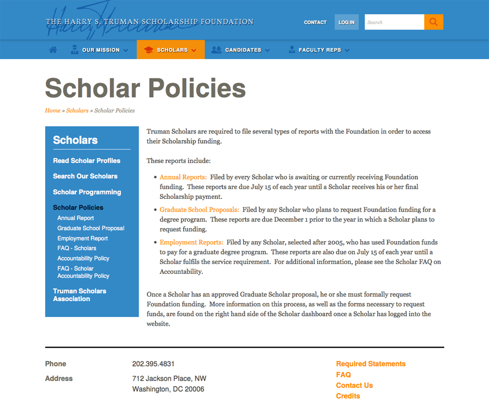 The Harry S. Truman Scholarship Foundation Scholar Policies
